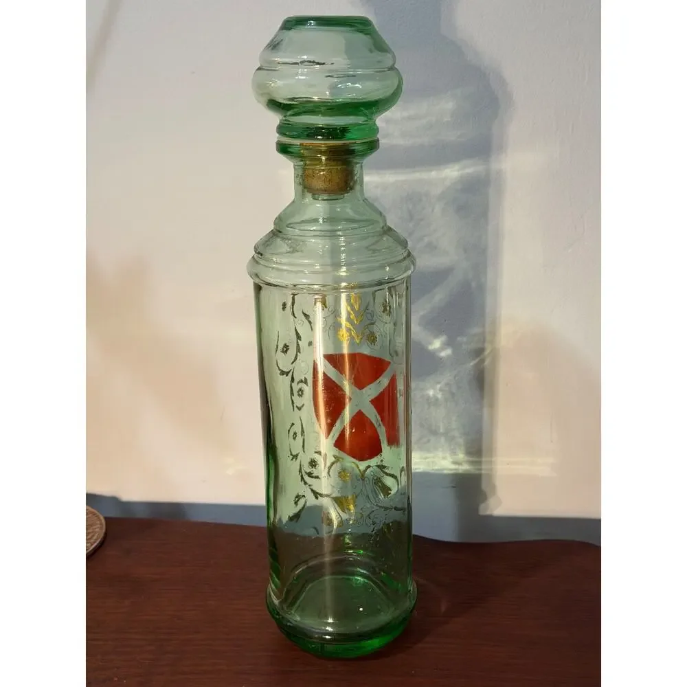 Vintage Mid Century Old Fitzgerald Bourbon Green Glass Decanter Bottle Crest